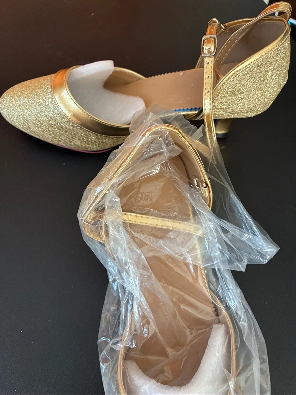 New Danuosi Gold Glitter Pointed-Toe Ankle Strap Flats